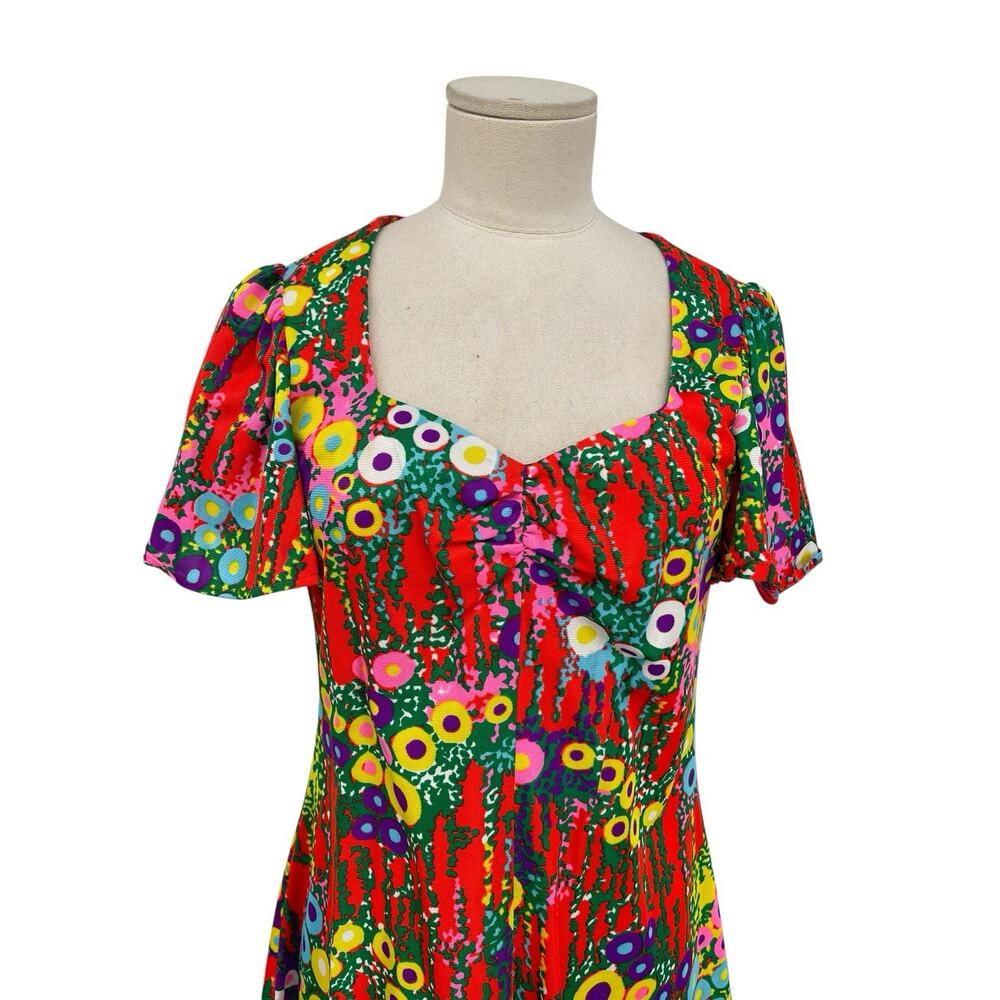 Vintage Flower Power Mini Dress Retro Floral Psychedelic Handmade 60s Size Small - Picture 2 of 14